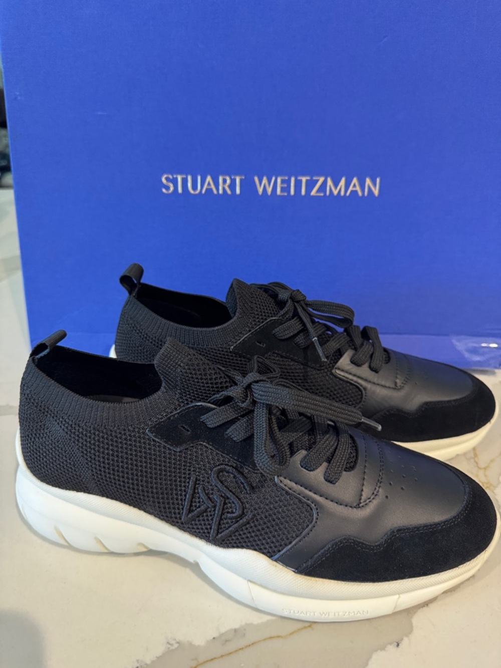 Stuart Weitzman Black Knit and Leather Lace-Up Sneakers with White Sole 10